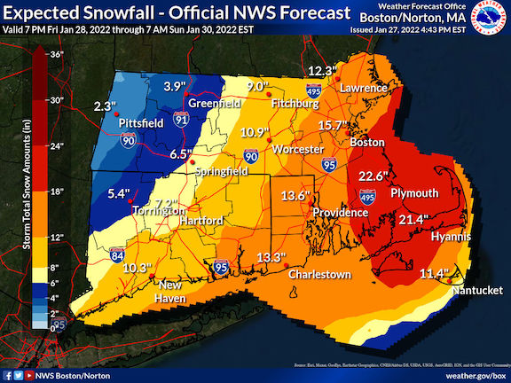 National Weather Service Snowfall forecast for Boston and southern New England Jan. 29 2022
