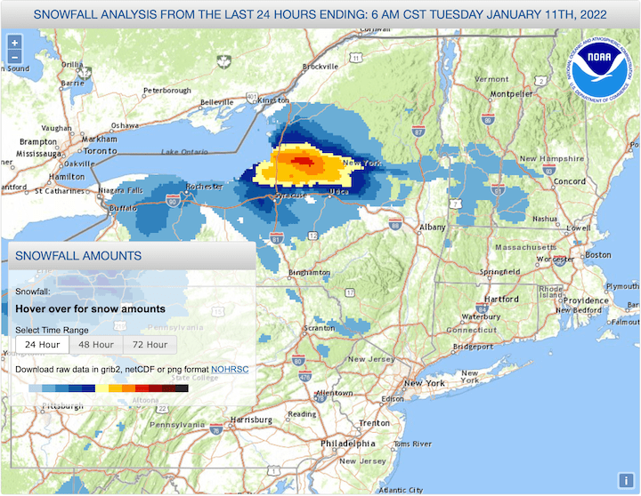 NOAA snowfall for northeast US over last 24hrs as of Tuesday Jan. 11 2022