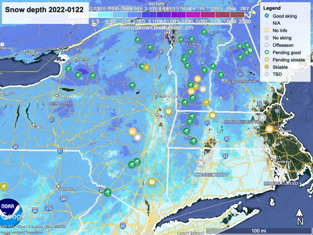 Snow depth northeast US, Jan. 21 2022 (NWS) , with ski centers marked