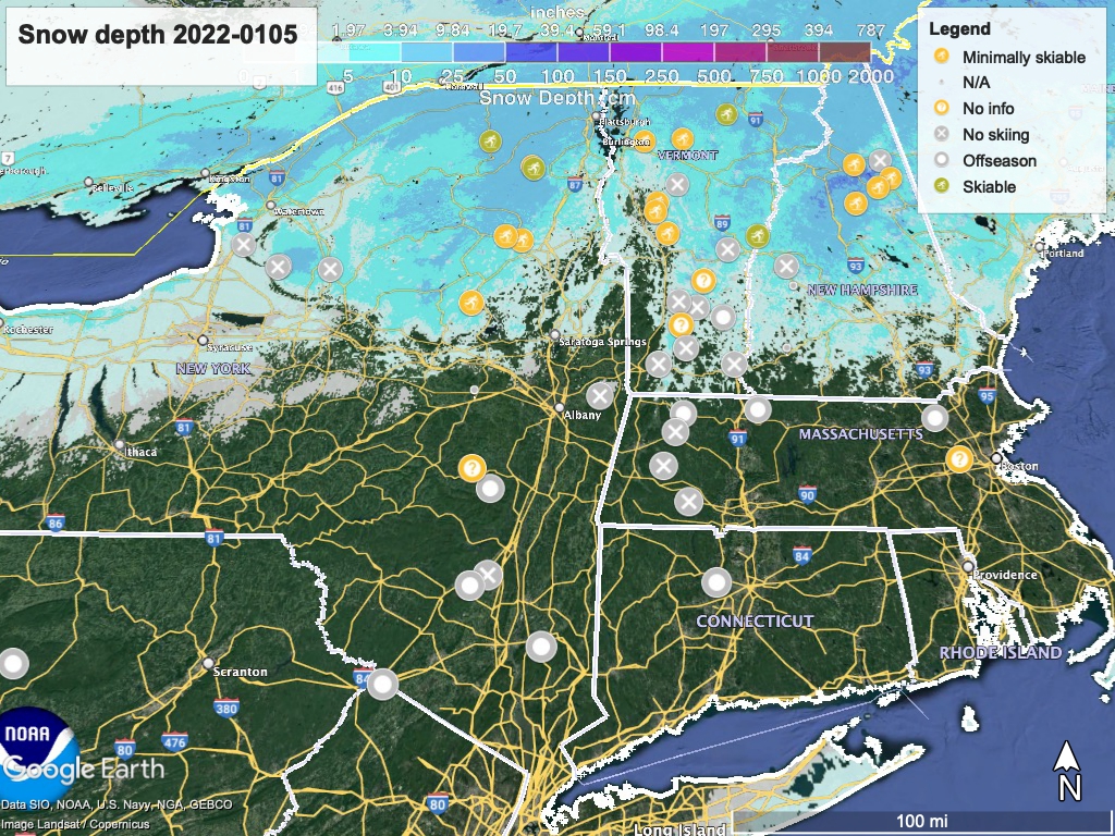 Snow depth northeast US, Jan. 5 2022 (NWS) , with ski centers marked