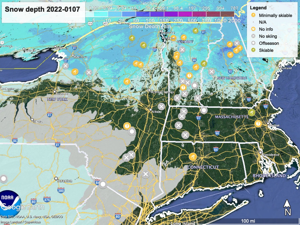 Snow depth northeast US, Jan. 7 2022 (NWS) , with ski centers marked