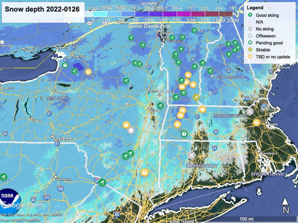 Snow depth northeast US, Jan. 26 2022 (NWS) , with ski centers marked