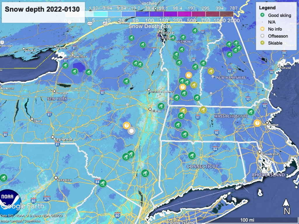 Snow depth northeast US, Jan. 30 2022 (NWS) , with ski centers marked