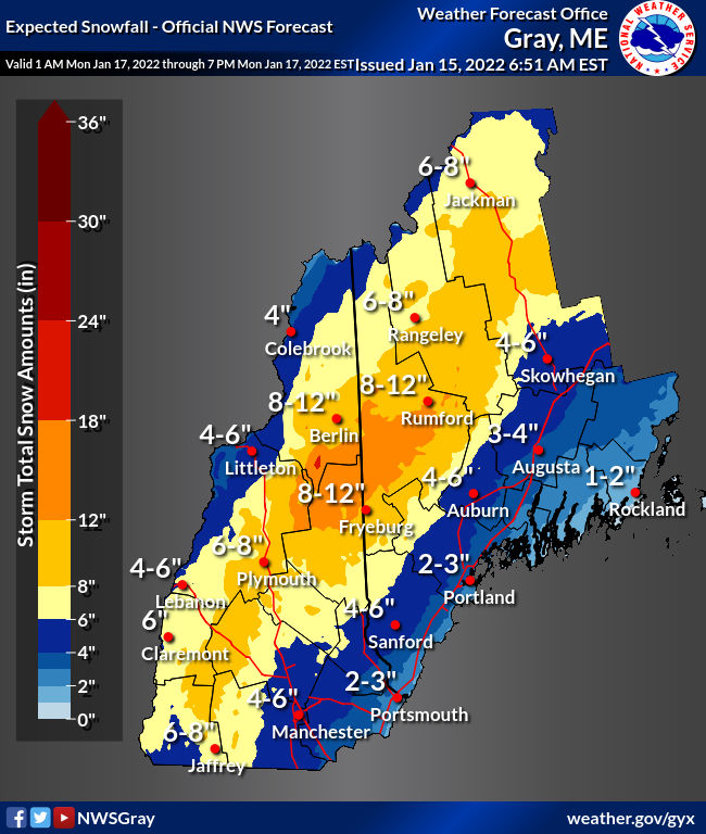 NWS probabilistic snowfall Jan. 17- Jan. 18, New Hampshire and Maine