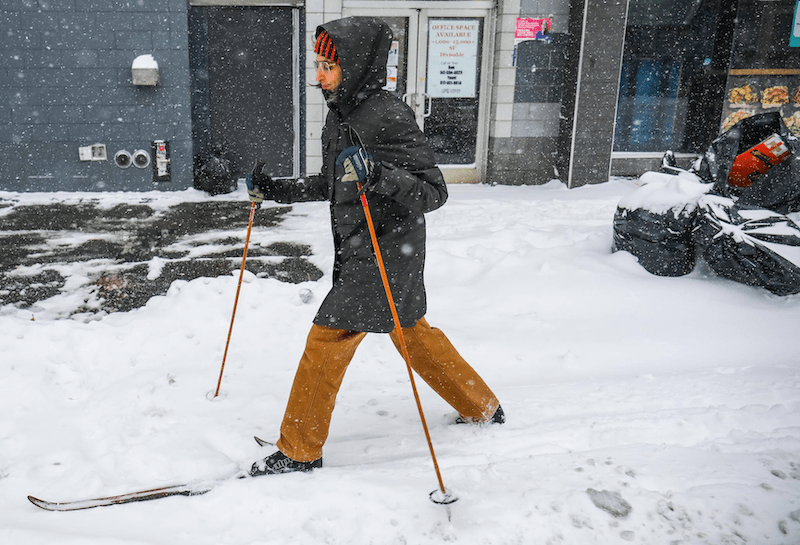 XC skier on Lower East Side of Manhattan during snowstorm, Jan. 29 2022