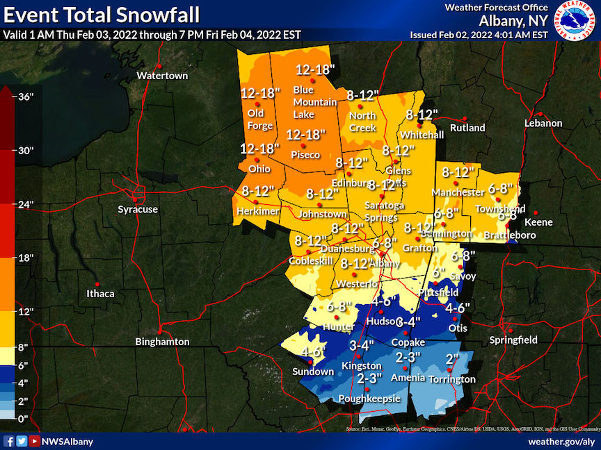 Feb 3-4 2022 snowfall forecast Hudson Valley via NWS Albany office