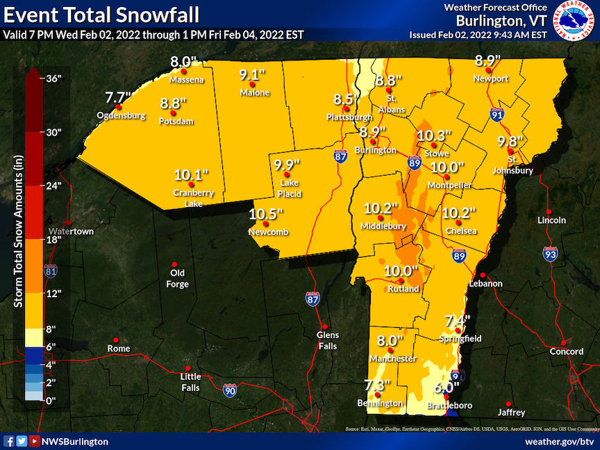 Feb 3-4 2022 snowfall forecast northern NY and VT via NWS Burlington office