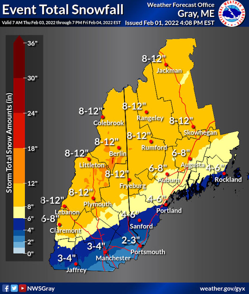Feb 3-4 2022 snowfall forecast NH and ME via NWS Gray office