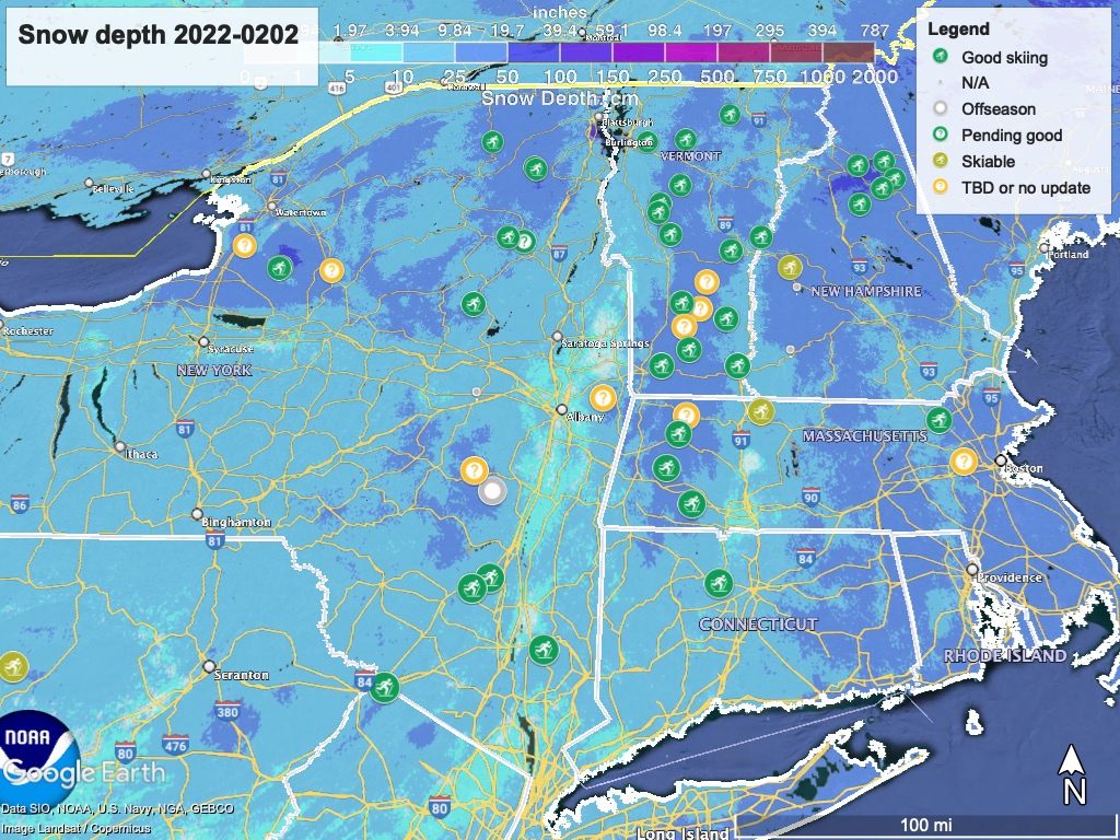 Snow depth northeast US, Feb. 2 2022 (NWS), with ski centers marked