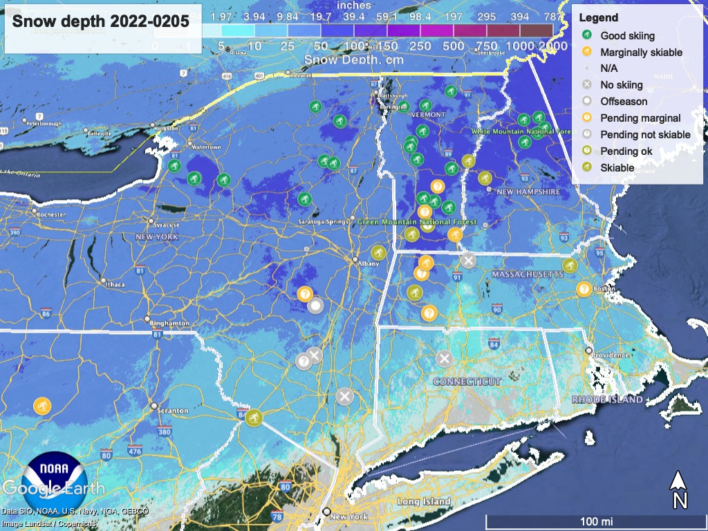 Snow depth northeast US, Feb. 5 2022 (NWS) , with ski centers marked