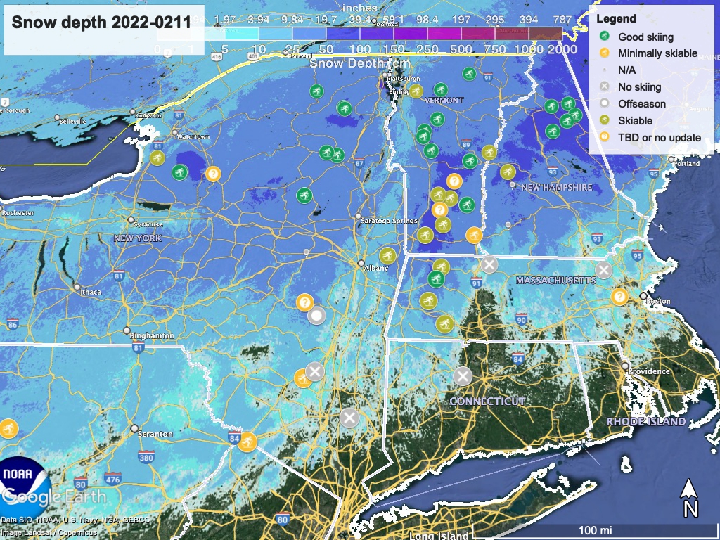 Snow depth northeast US,  Feb. 11 2022 (NWS) , with ski centers marked