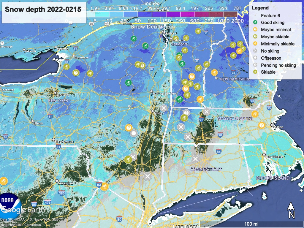 Snow depth northeast US, Feb. 15 2022 (NWS) , with ski centers marked