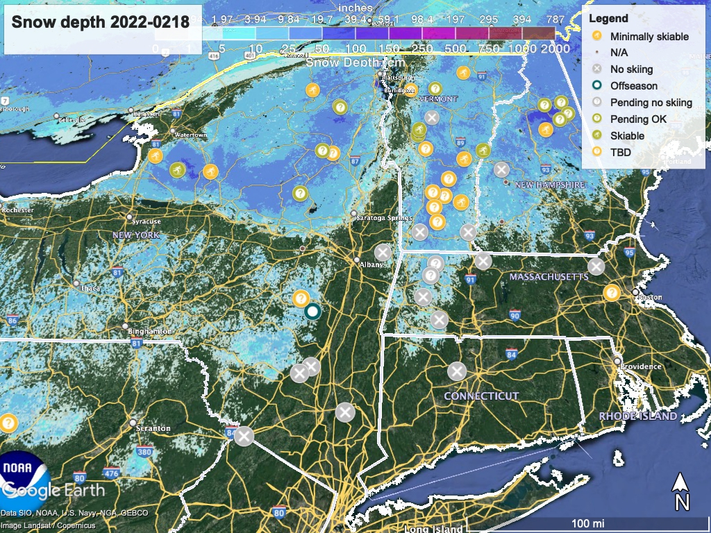 Snow depth northeast US, Feb. 18 2022 (NWS) , with ski centers marked