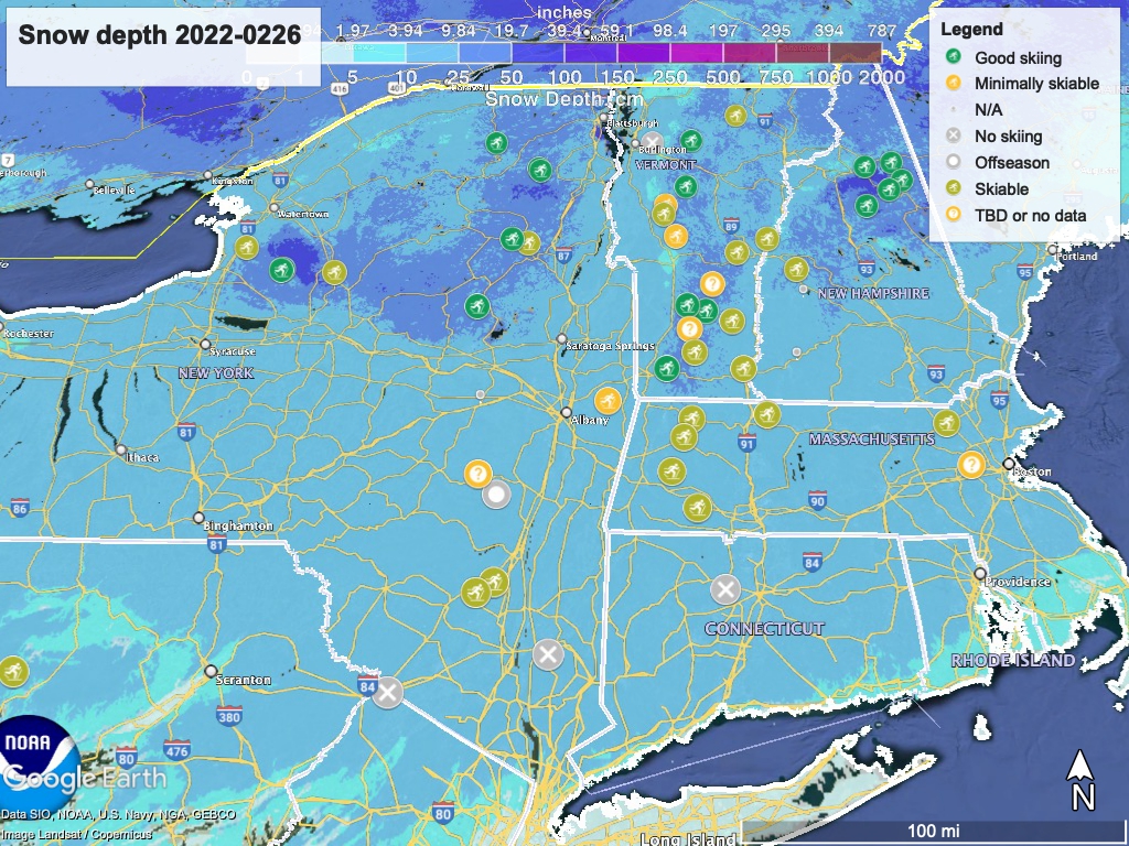 Snow depth northeast US, Feb. 26 2022 (NWS) , with ski centers marked