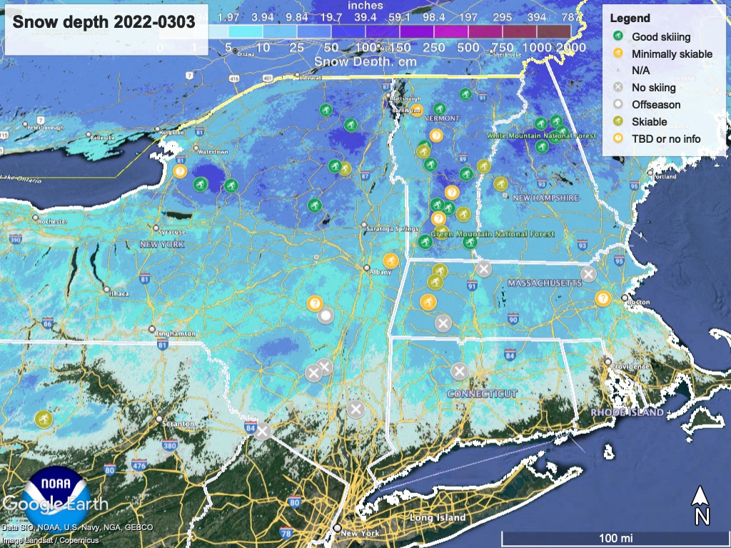 Snow depth northeast US, Mar. 3 2022 (NWS) , with ski centers marked