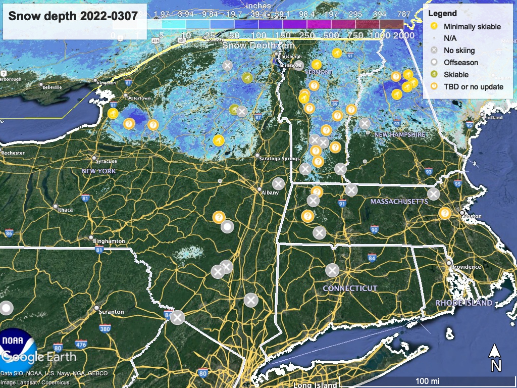 Snow depth northeast US, Mar. 7 2022 (NWS) , with ski centers marked