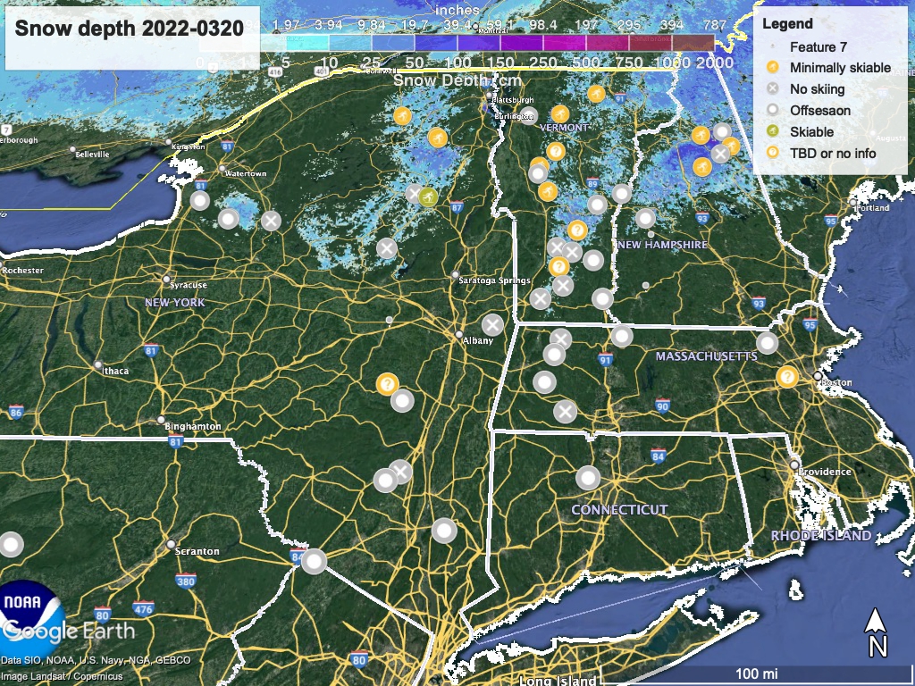 Snow depth as of March 20, 2022 (NWS), with XC ski areas marked