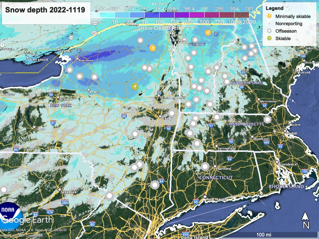 Snow depth northeast US, Nov. 19 2022 (NWS) , with ski centers marked