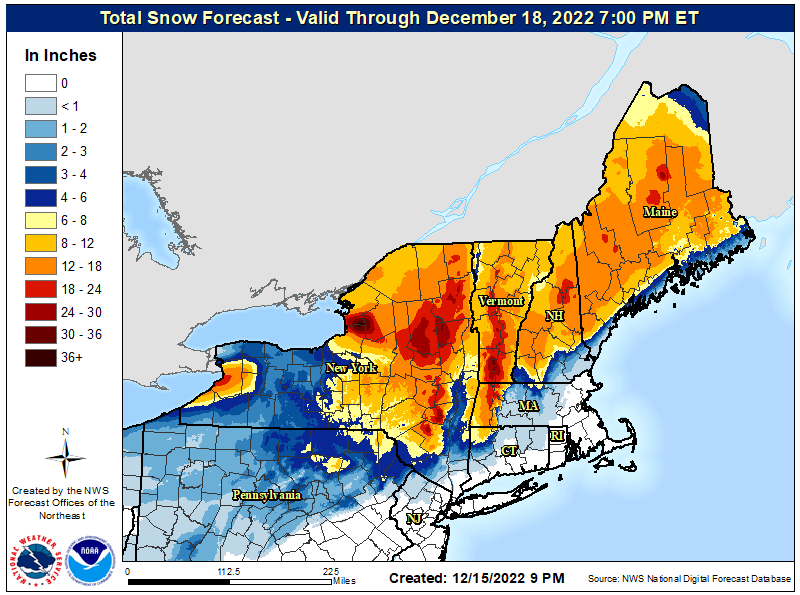 Four graphics of predicted snowfall amounts thru Dec. 17