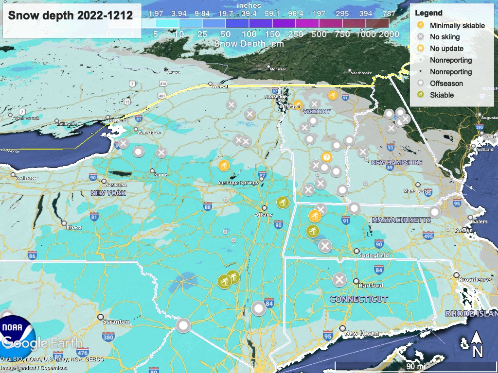 Snow depth northeast US, Dec. 12 2022 (NWS) , with ski centers marked