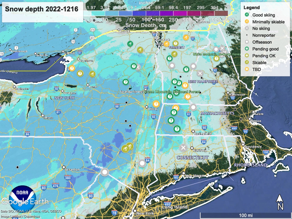 Snow depth northeast US, Dec. 16 2022 (NWS) , with ski centers marked