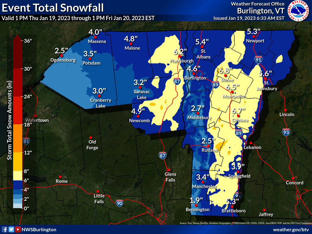 NWS Burlington VT office snow forecast for period Thusday Jan, 18-Friday Jan. 20