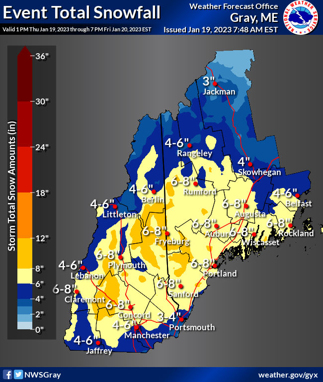 NWS Gray Maine office snow forecast for period Thusday Jan, 18-Friday Jan. 20