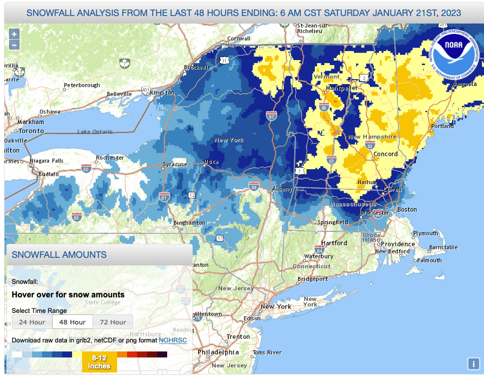 NWS snowfall analysis for 48 hours ending Saturday Jan. 21 0600