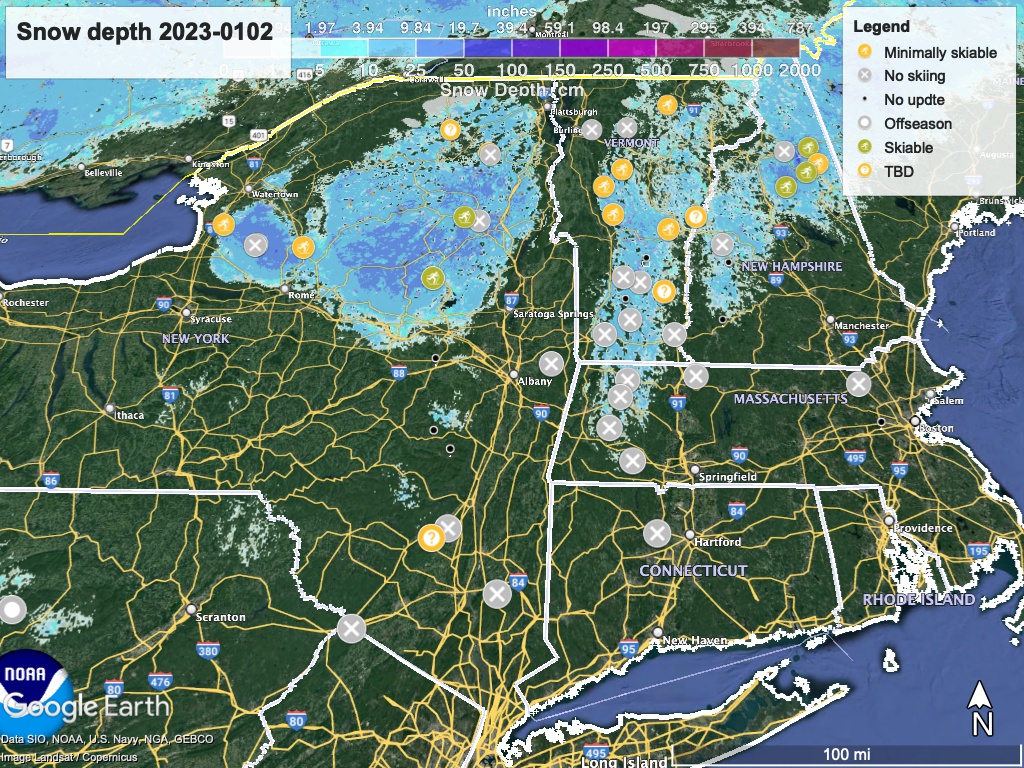 Snow depth northeast US, Jan. 2 2023 (NWS) , with ski centers marked