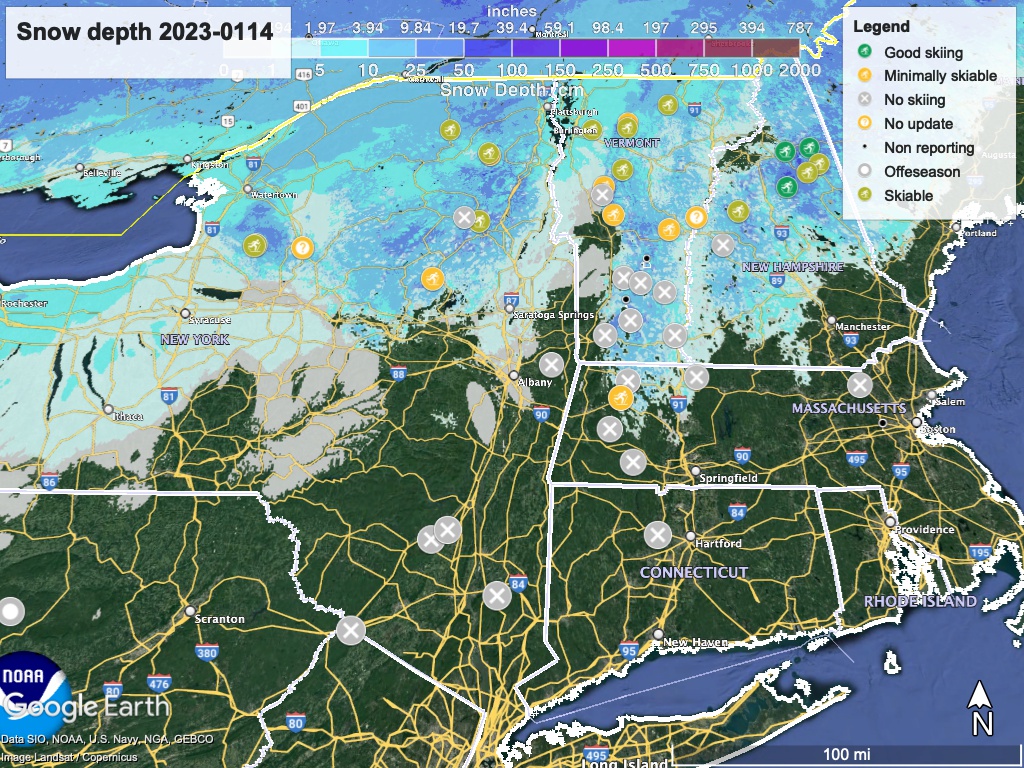 Snow depth northeast US, Jan. 14 2023 (NWS) , with ski centers marked