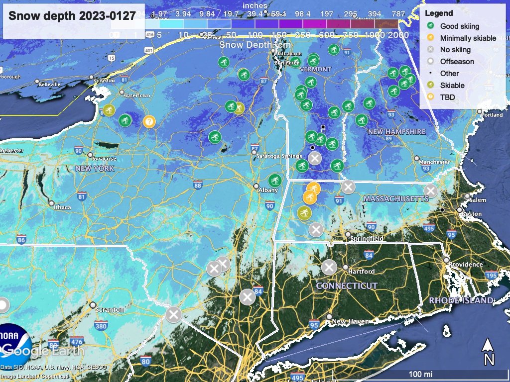 Snow depth northeast US, Jan. 27 2023 (NWS) , with ski centers marked