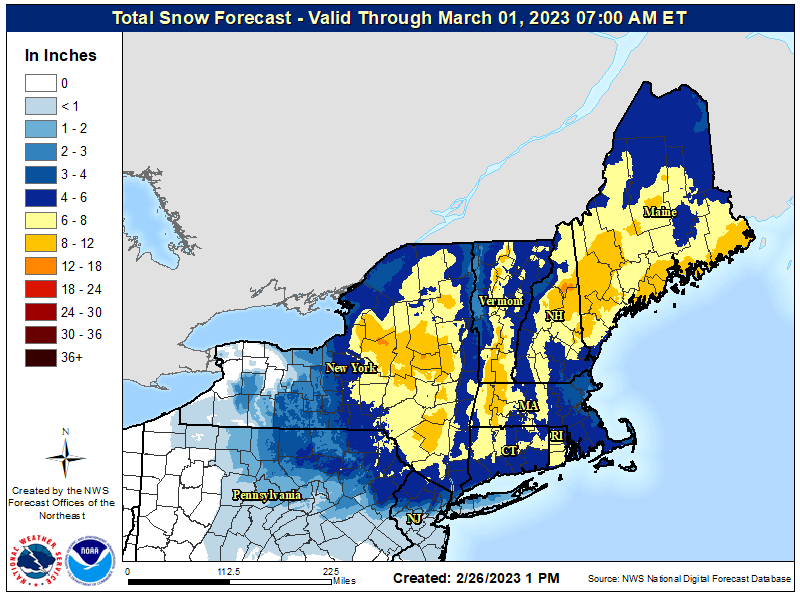 Total snowfall forecast through Mar 1, 2023 (NWS)