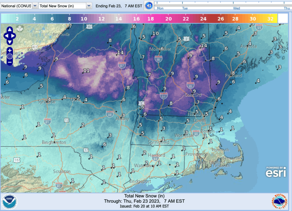 Total snowfall forecast through 7am Feb. 23 2023 (NWS)