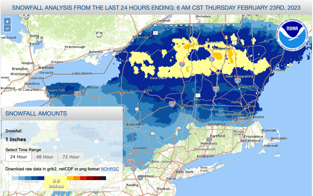 NOAA graphic showing 24 hour snowfall analysis ending 7am EST Feb. 23 2023