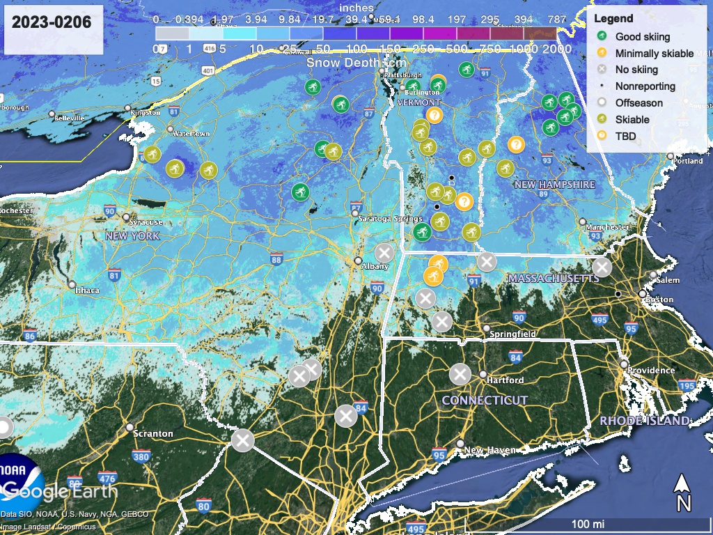 Snow depth northeast US, Feb. 6, 2023 (NWS) , with ski centers marked