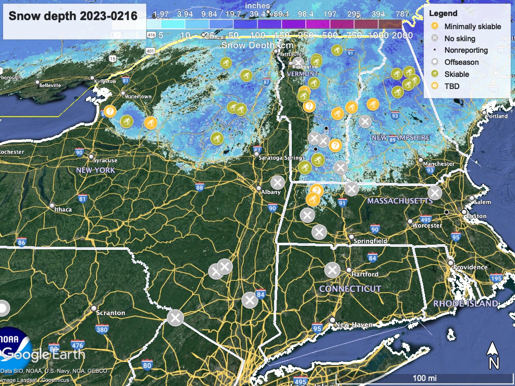 epth northeast US, Feb. 16, 2023 (NWS) , with ski centers marked