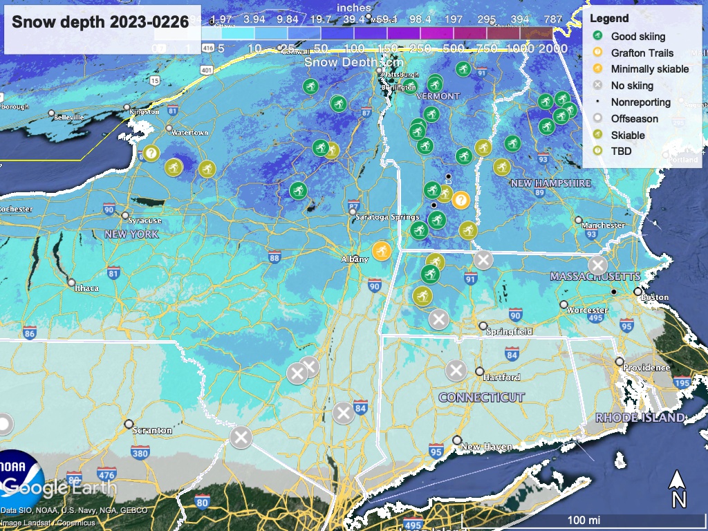 Snow depth northeast US, Feb. 26, 2023 (NWS) , with ski centers marked