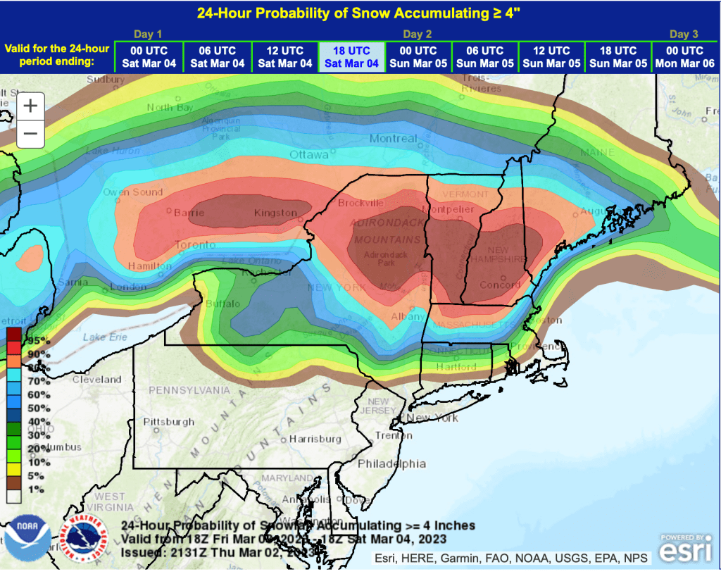 Graphic showing 24-hour probability of >4" snow accumulation, as of Saturday Mar 4, 1pm EST (NOAA)
