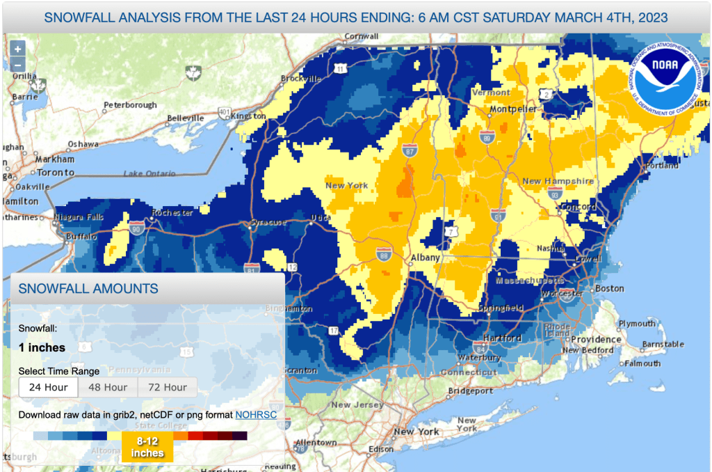 24 hour snowfall accumulation as of 5am EST, March 4 2023 (NOAA)