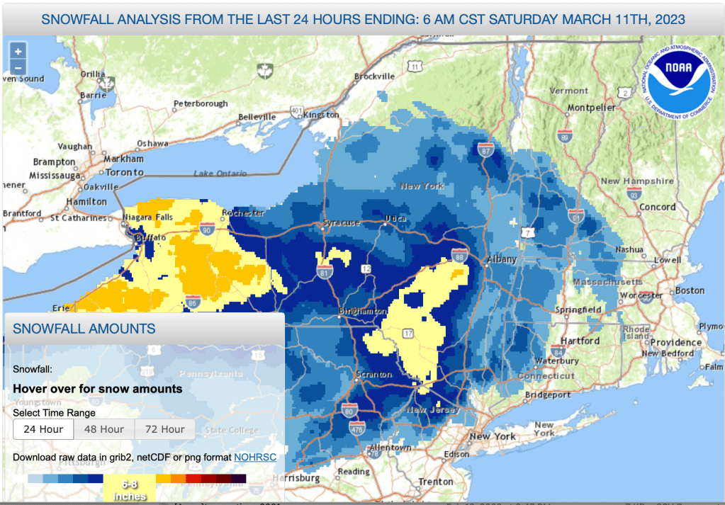 Snowfall analysis for 24hs prior to 5am March 11 2023 (NWS) 