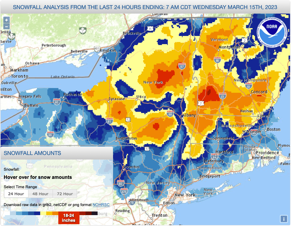 Snowfall analysis for 24 hours ending 8am EDT march 15, 2023 (NWS)