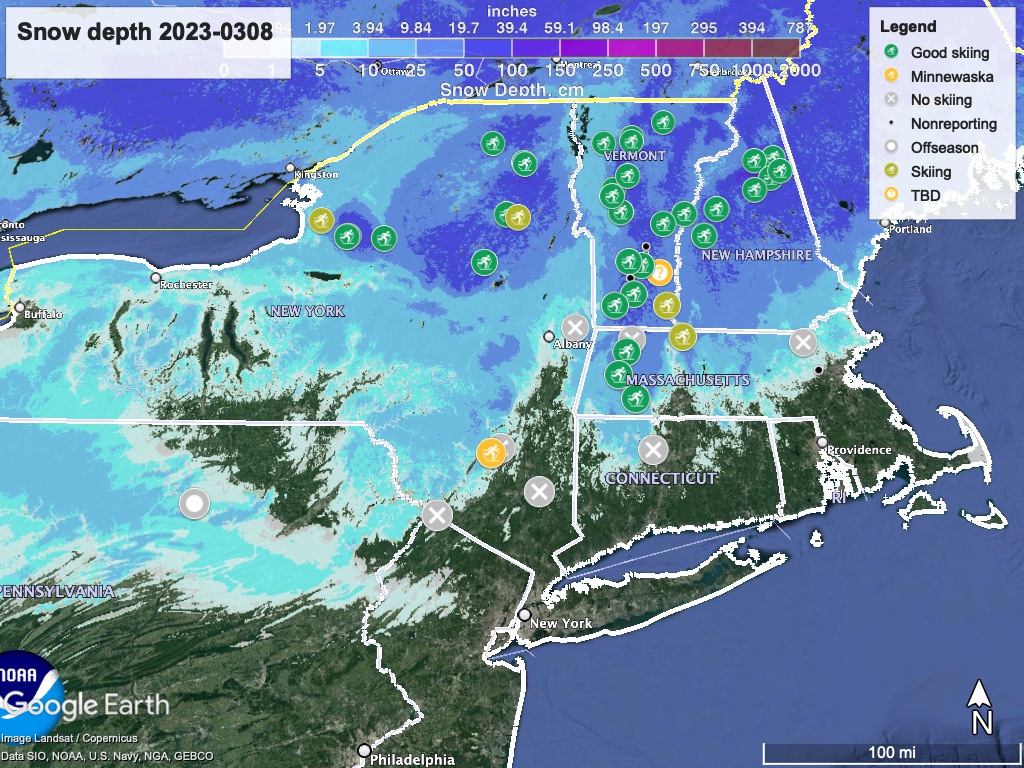 Snow depth northeast US, Mar. 8, 2023 (NWS) , with ski centers marked