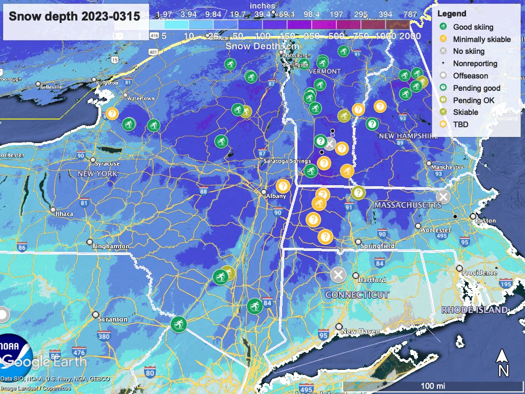 Snow depth northeast US, Mar 15, 2023 (NWS) , with ski centers marked