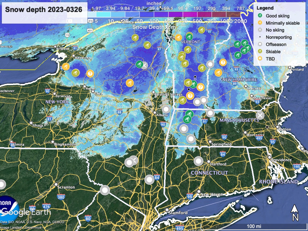 Snow depth northeast US, Mar 26 2023 (NWS) , with ski centers marked