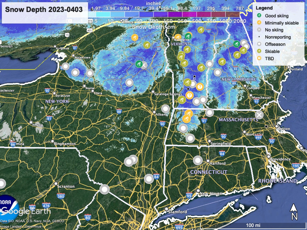 Snow depth northeast US, Apr 3, 2023 (NWS) , with ski centers marked