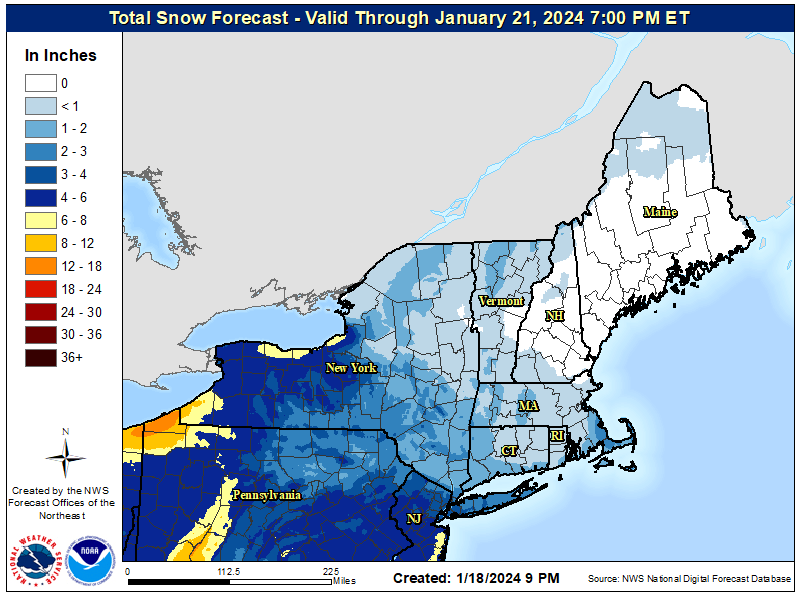 Map of northeast US with color-coded areas for greatest amounts of predicted snowfall by Jan. 21, showing more accumulation tin western NY State and west an southwest of NYC.