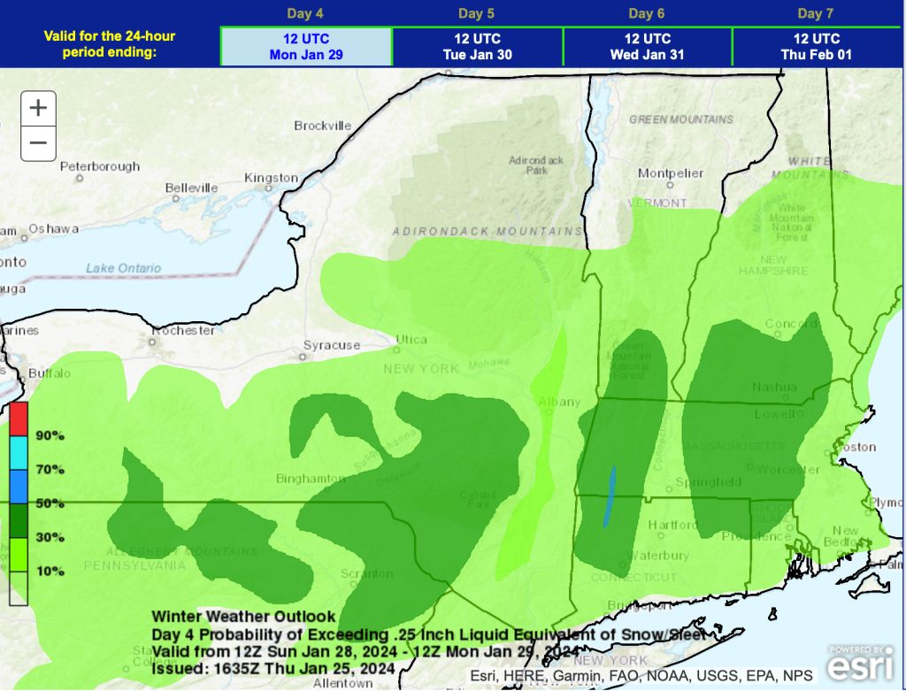 Map of northeast US with color-coded overay for probability of >0.25" liquid equivalent in snow or sleet by Jan. 29 2024. Graphic shows 50% probability from Poconos thru Catskills, wester Massachusetts, southern Vermont, New Hampshre, and Maine.