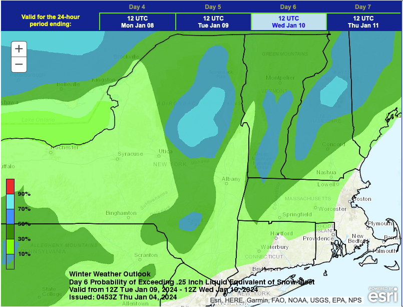 Map of northeast US with overlay color-coded for probability of >0.25" water as snow or sleet.