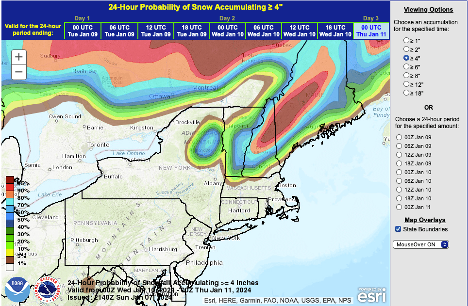 Graphic of northeast US showing probability bands for >4" snow as of s of Thu Jan. 11 (7pm Wed). Source: NWS