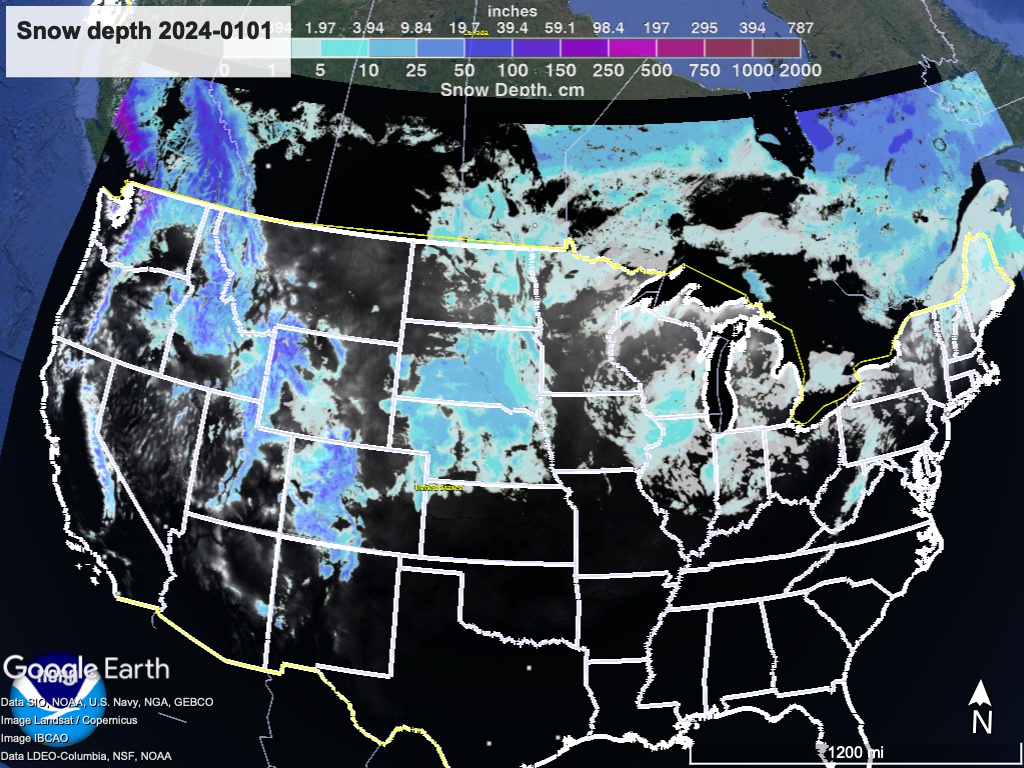 Continental US with overlay of snow depth as of Jan. 1 2024 (via NOAA)